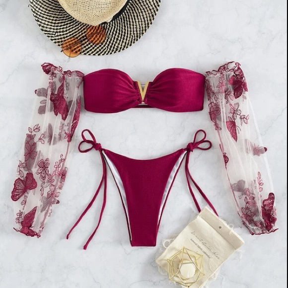 V Wired Embroidery Mesh Sleeves Bikini Swimsuit💖 - Picture 3 of 8